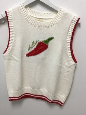 Elan chillin pepper White Knit Sleeveless Sweater Vest with Red Chili Motif